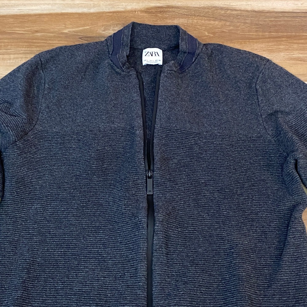 Zara Cardigan Mens Large Grey Textured Ribbed Full Zip Sweater Bomber Jacket